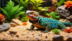 Ornate Uromastyx resting in a well-arranged habitat